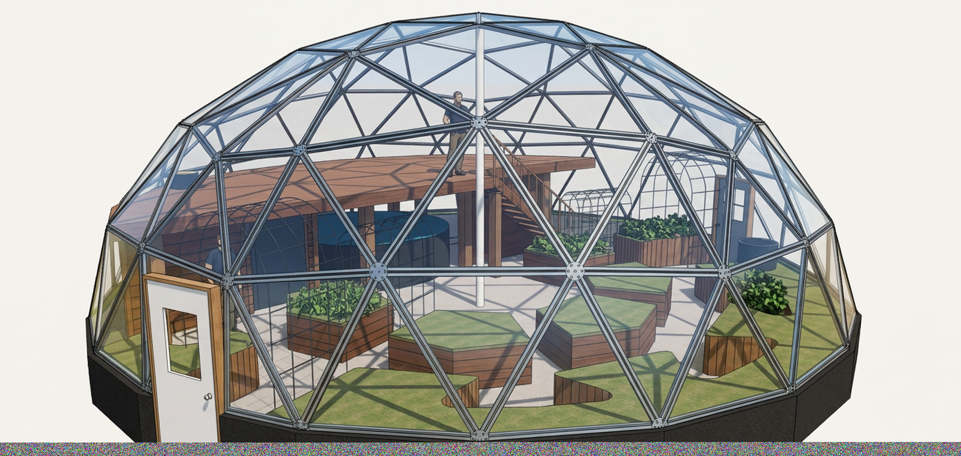 AI rendering of a 42' Growing Dome Greenhouse with large deck and keyhole garden beds