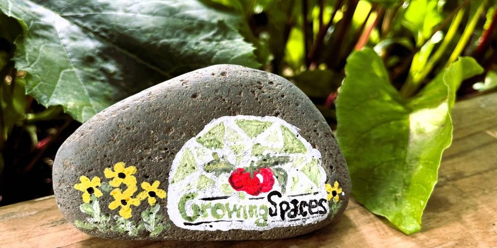Rock painted with growing spaces logo in a garden bed