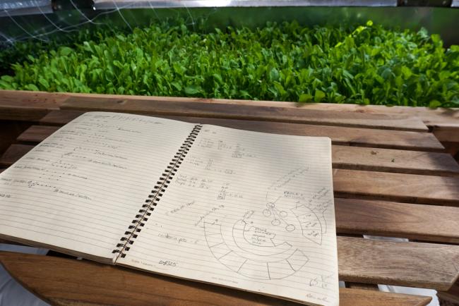Open notebook with a hand drawn bed layout and lists of plants resting on a table in a greenhouse