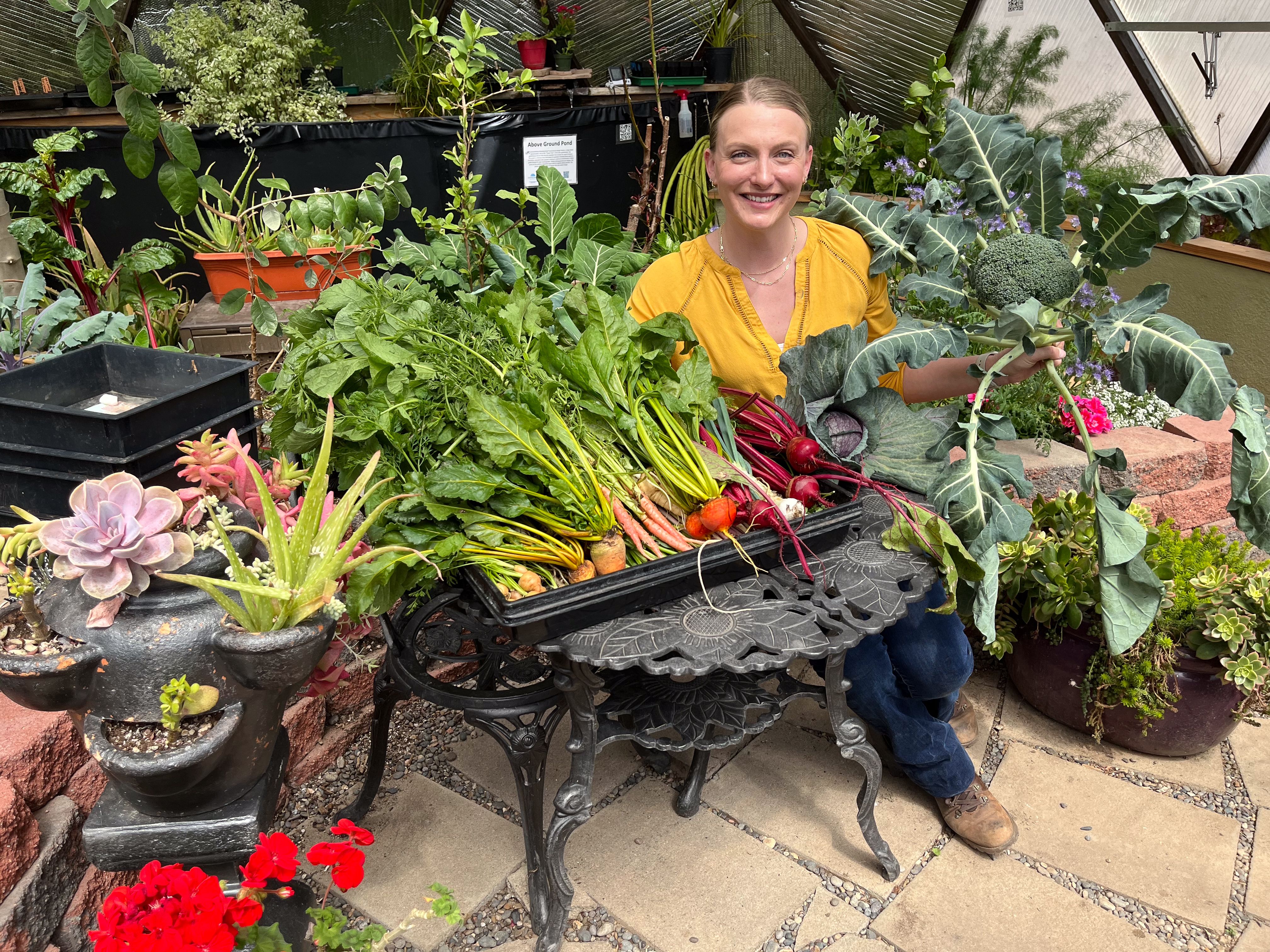 Woman in a yellow shirt seated at a table inside her year round greenhouse holding a freshly picked broccoli with a large harvest on the table