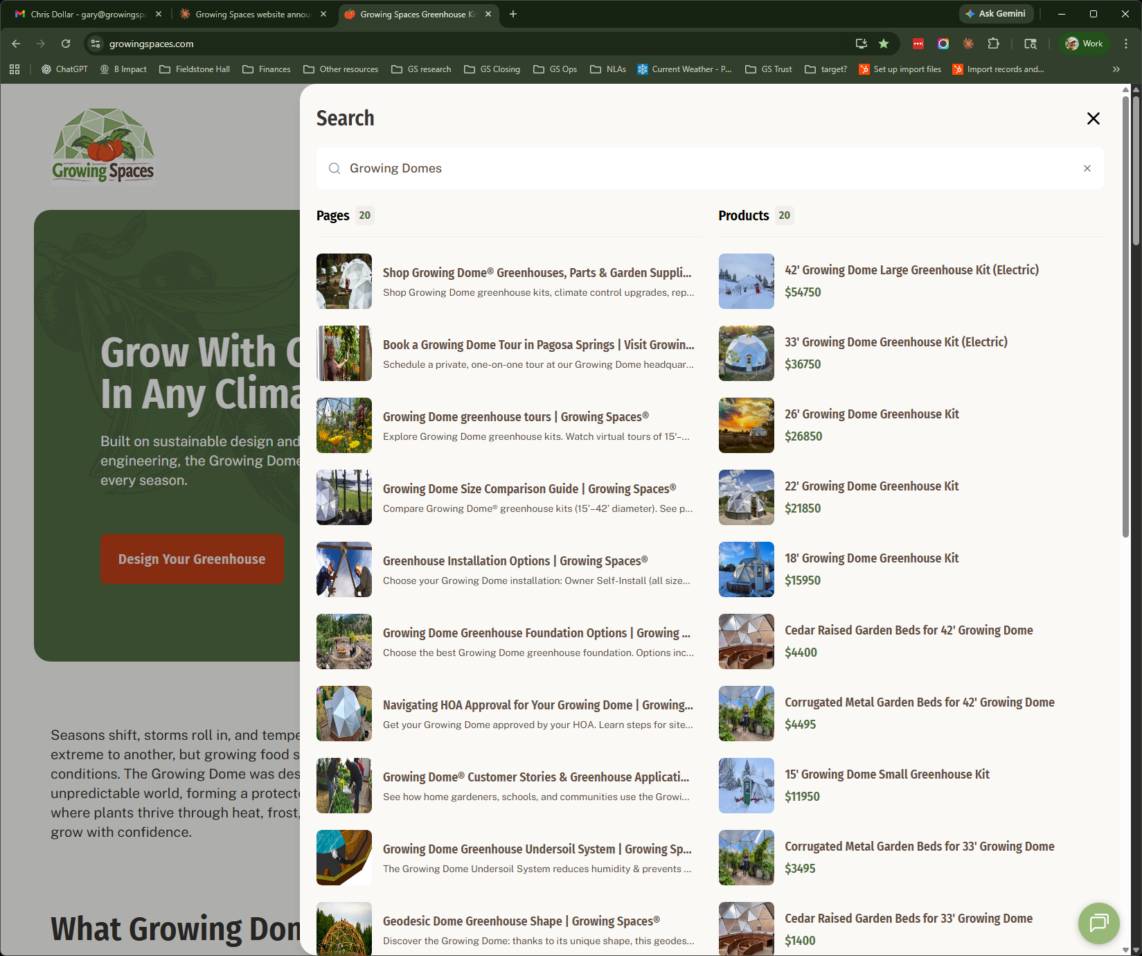 screenshot of Growingspaces.com Search function
