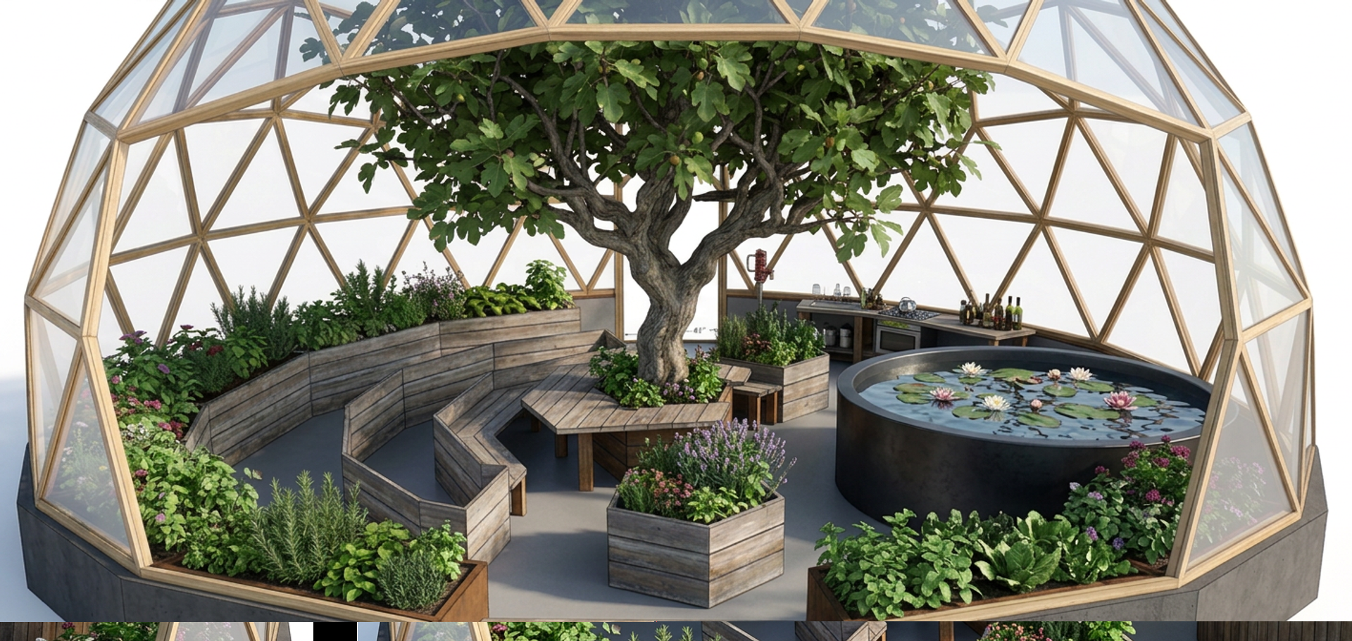 Rendering of a 33 foot diameter Growing Dome greenhouse with custom interior