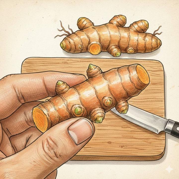 drawing of cutting turmeric rhizomes for planting