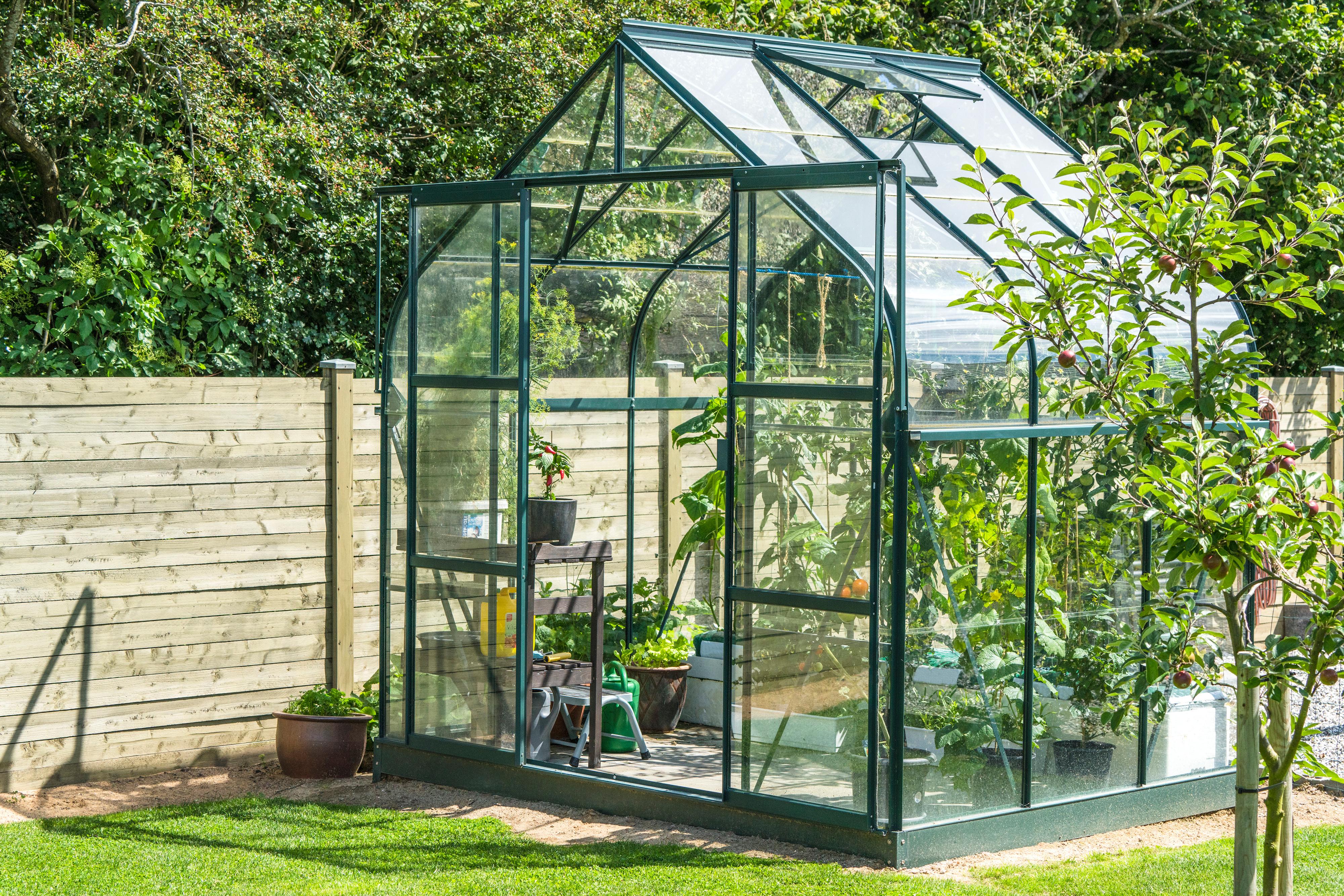 Gothic style greenhouse with green metal structure and glass panels