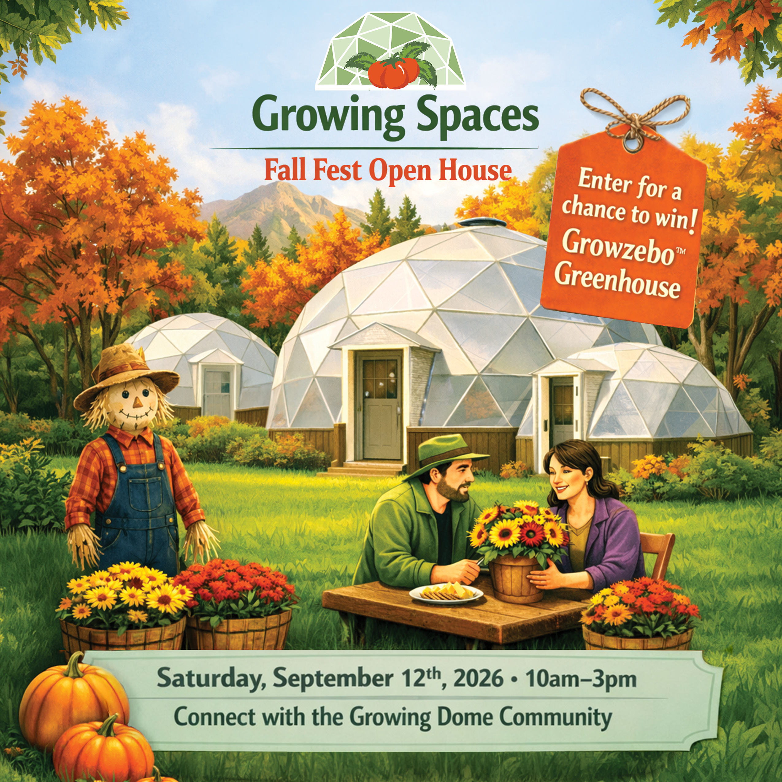 fall fest open house poster shows a couple seated at a table with three sizes of growing domes and fall foliage in the background