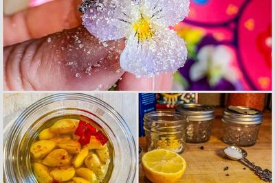 salting and sugaring preservation techniques with flowers, garlic, and lemon