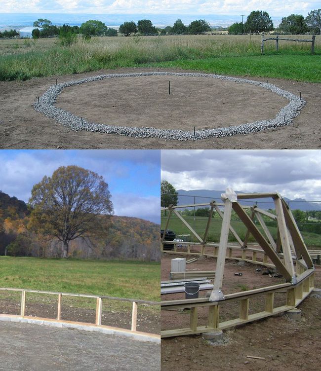three photos showing laying out the foundation for a greenhouse