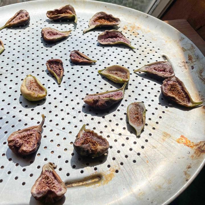 pizza tray of drying kadota figs