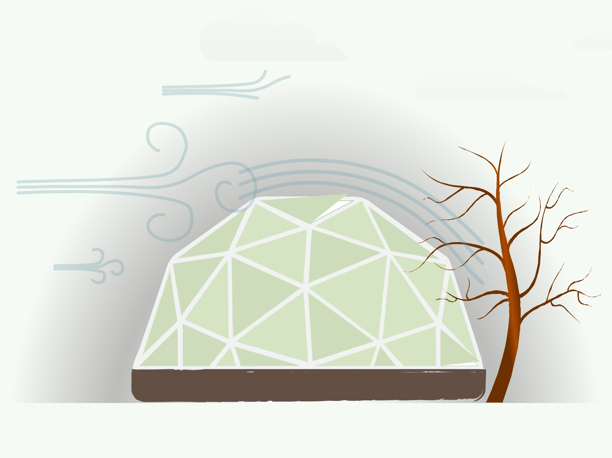 illustration of a dome greenhouse in the winter showing wind moving around the shape of the dome