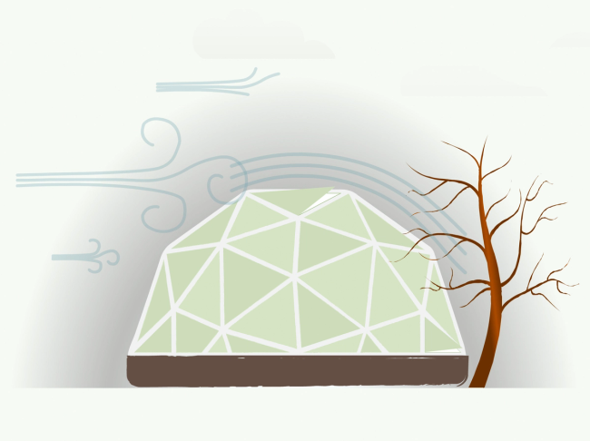 illustration of a dome greenhouse in the winter showing wind moving around the shape of the dome
