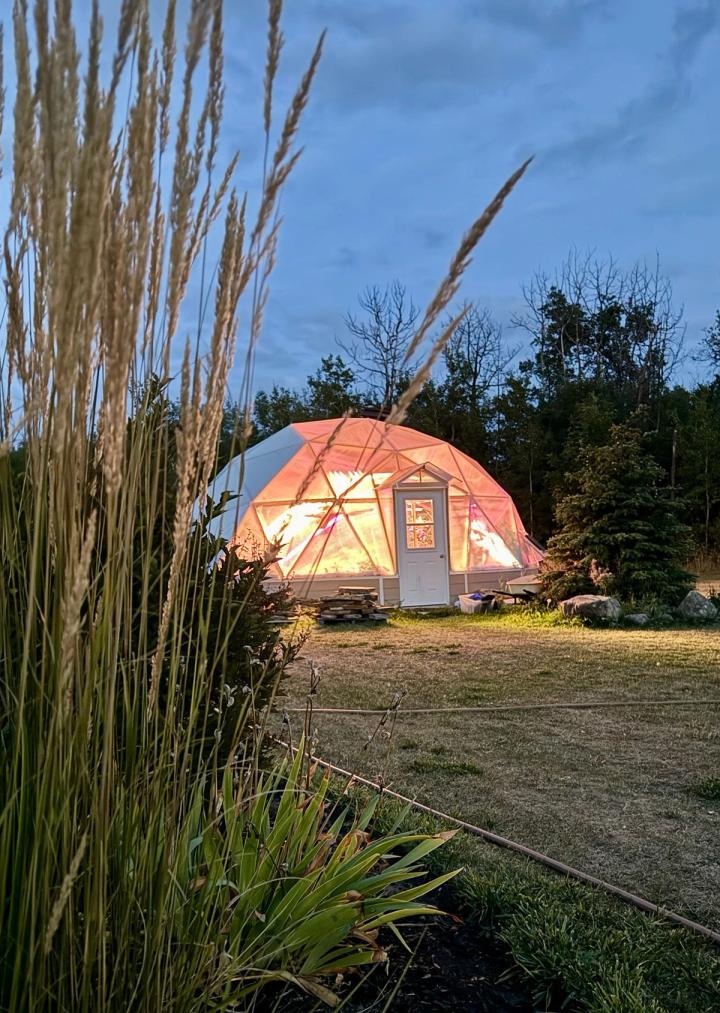 Geodesic dome greenhouse lit up from the inside. Ornamental grasses in the foreground.