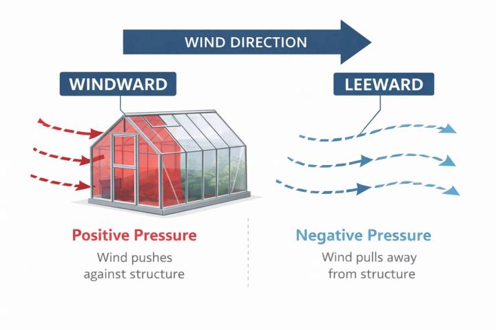 Graphic depicting windward and leeward wind forces on a greenhouse