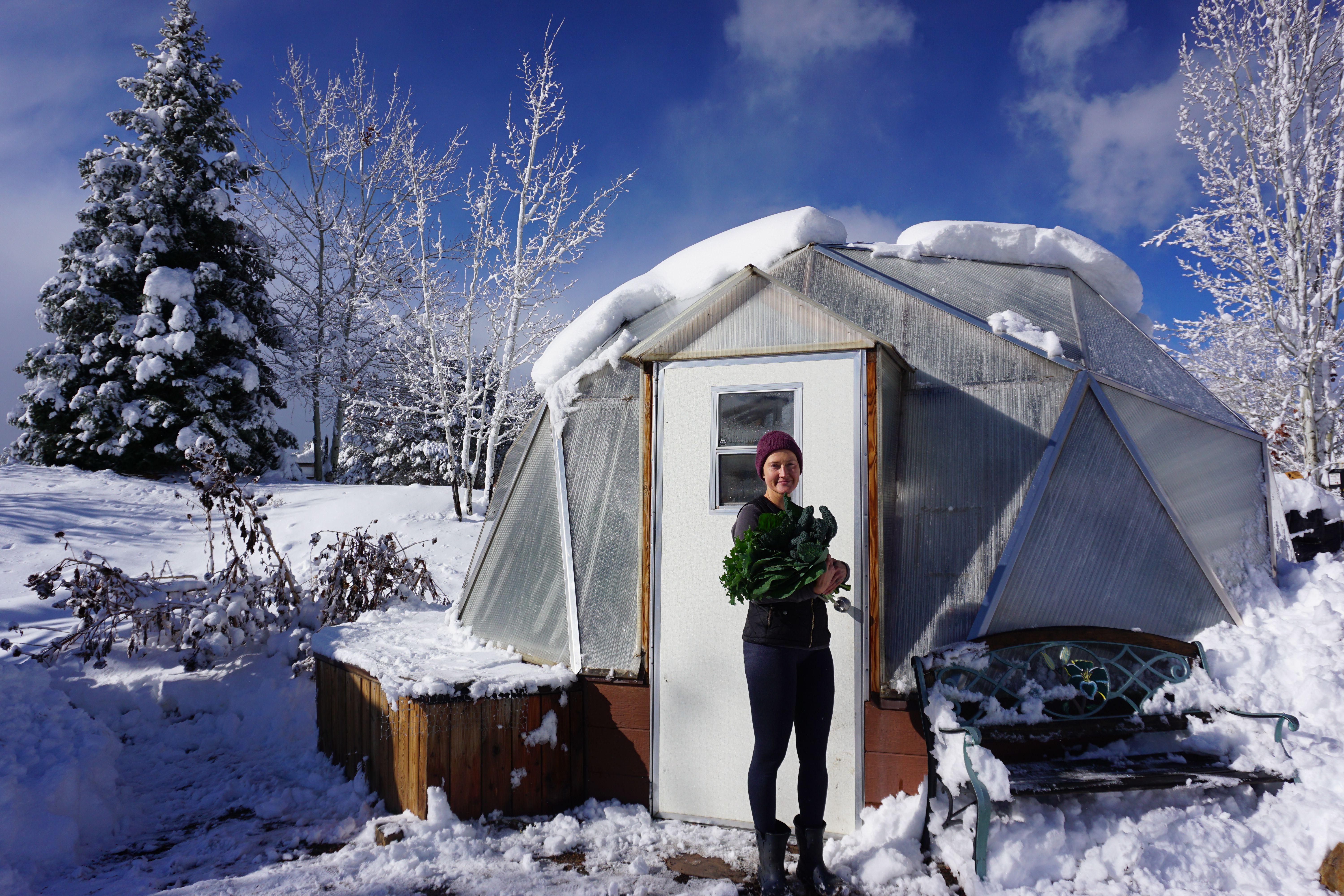 Gardener holding a harvest of winter greens standing in front of a 15 foot diameter growing dome greenhouse