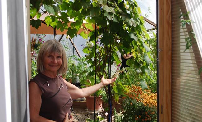 woman standing in the doorway inviting you in to explore the inside of the greenhouse