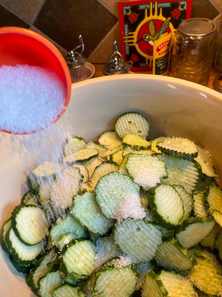 sprinkling salt onto cucumber slices for pickling