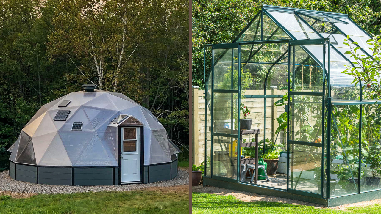 Geodesic greenhouse next to a gothic arch greenhouse