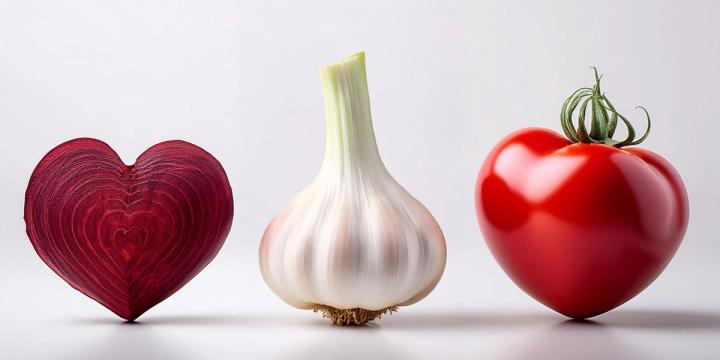 AI generated image of a beet cut in half to look like a heart, a garlic bulb, and a heart shaped tomato