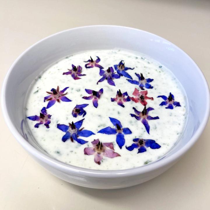 borage tzatziki in a white bowl decorated with blue and pink borage flowers