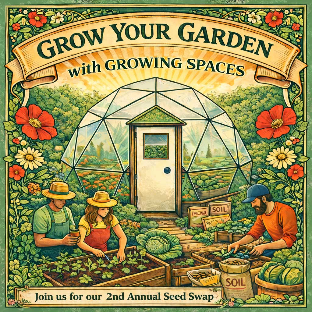 2nd annual Seed Swap poster illustration resembling a seed packet of people gardening outside a growing dome
