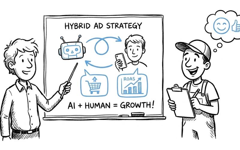Cartoon sketch of marketers collaborating on AI video ad and UGC creator strategies.