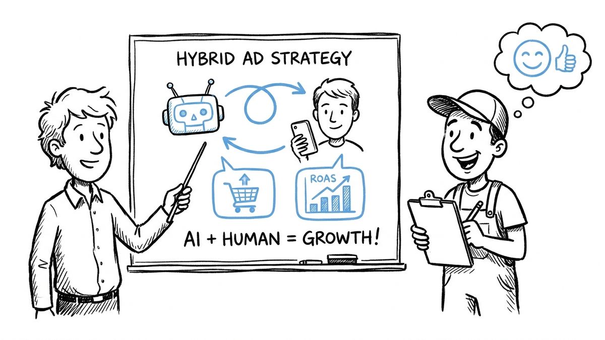 Cartoon sketch of marketers collaborating on AI video ad and UGC creator strategies.