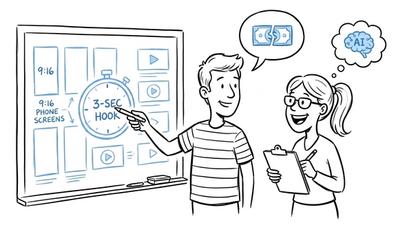 Sketch of two e-commerce founders planning AI video ads on 9:16 smartphone screens.