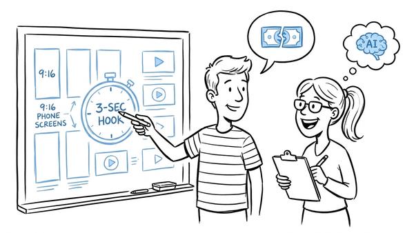 Sketch of two e-commerce founders planning AI video ads on 9:16 smartphone screens.