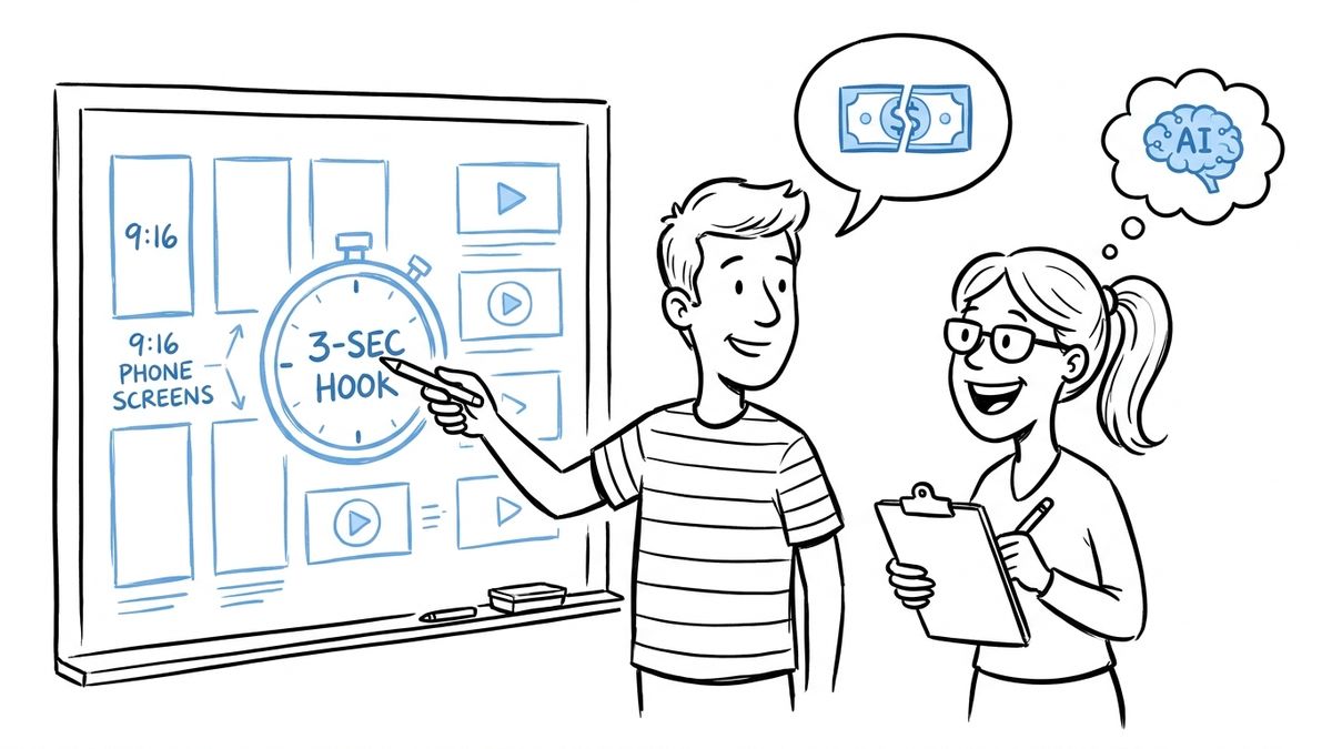 Sketch of two e-commerce founders planning AI video ads on 9:16 smartphone screens.