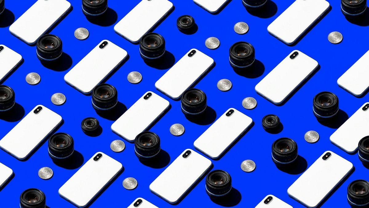 White smartphones and lenses in a diagonal pattern representing AI UGC video production.