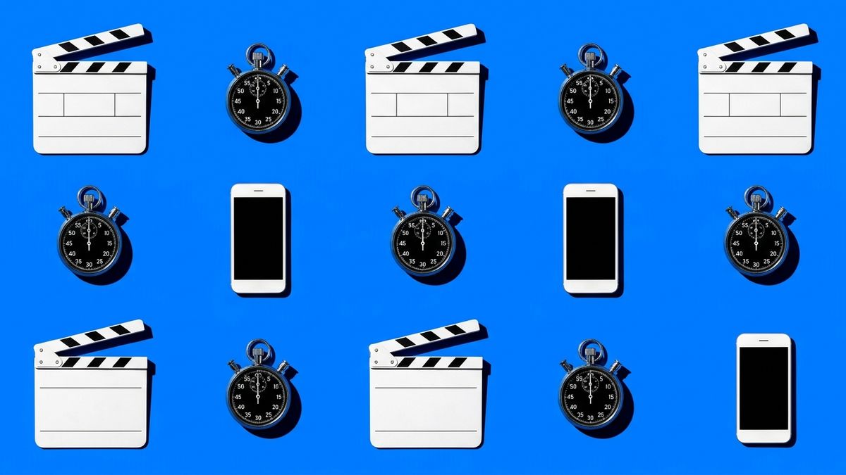 Overhead grid of video clapperboards, stopwatches, and smartphones highlighting AI video ad production.