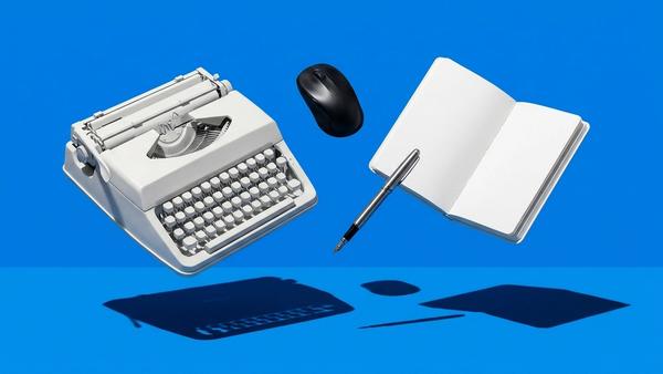 White typewriter, black mouse, and silver pen floating on electric blue background for AI content.