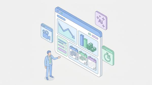 Isometric 3D dashboard showing AI ad production cost savings and time reduction metrics.