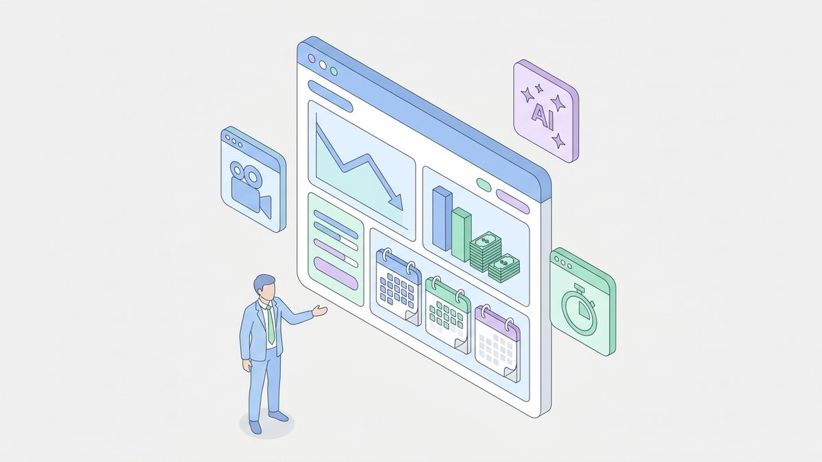 Isometric 3D dashboard showing AI ad production cost savings and time reduction metrics.