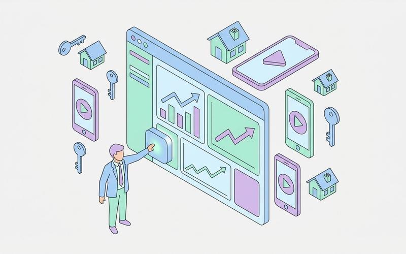 Isometric 3D dashboard showing AI video ad metrics, real estate listings, and buyer inquiries.