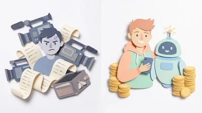 Paper cutout illustration comparing traditional video production stress versus AI-assisted ad creation with AI 