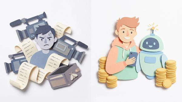 Paper cutout illustration comparing traditional video production stress versus AI-assisted ad creation with AI 