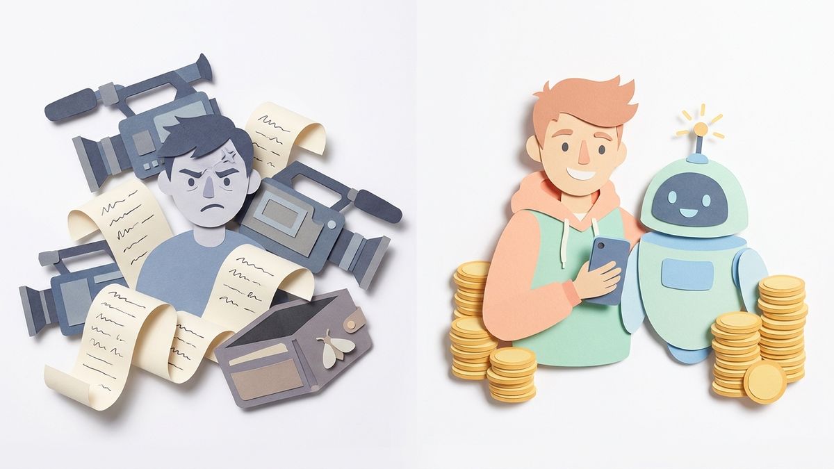 Paper cutout illustration comparing traditional video production stress versus AI-assisted ad creation with AI 