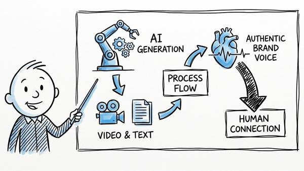 Hand-drawn diagram comparing AI robot-generated ad videos and copy with authentic human brand voice.