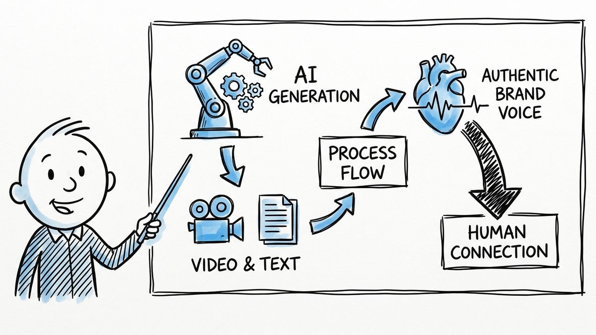Hand-drawn diagram comparing AI robot-generated ad videos and copy with authentic human brand voice.