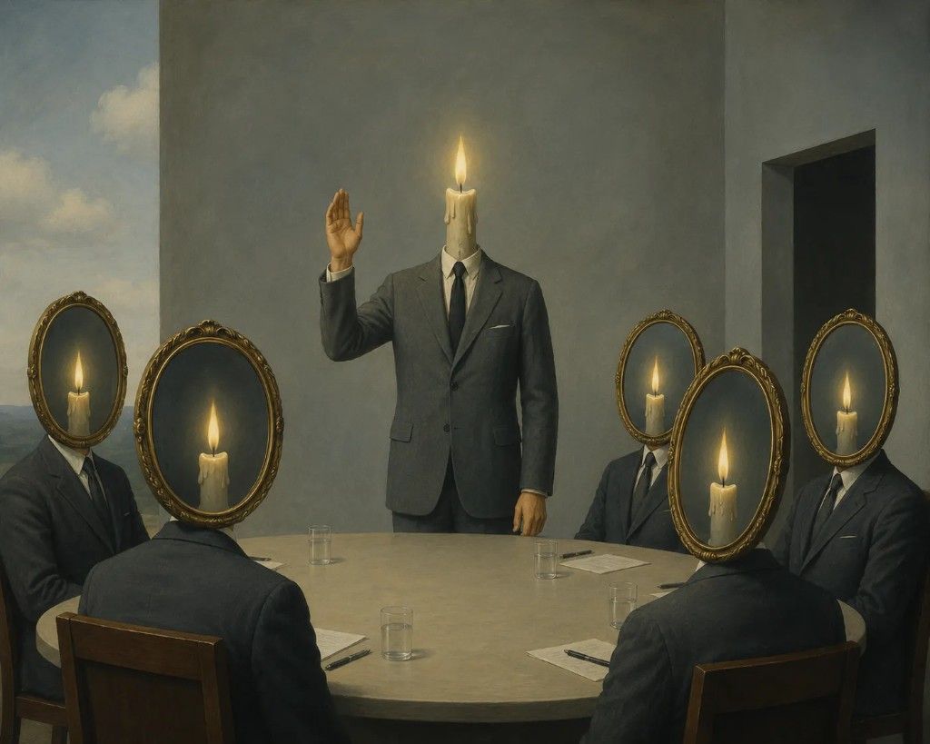 Surrealist boardroom scene: figures with candles for heads, reflecting an obvious truth no one voices aloud.
