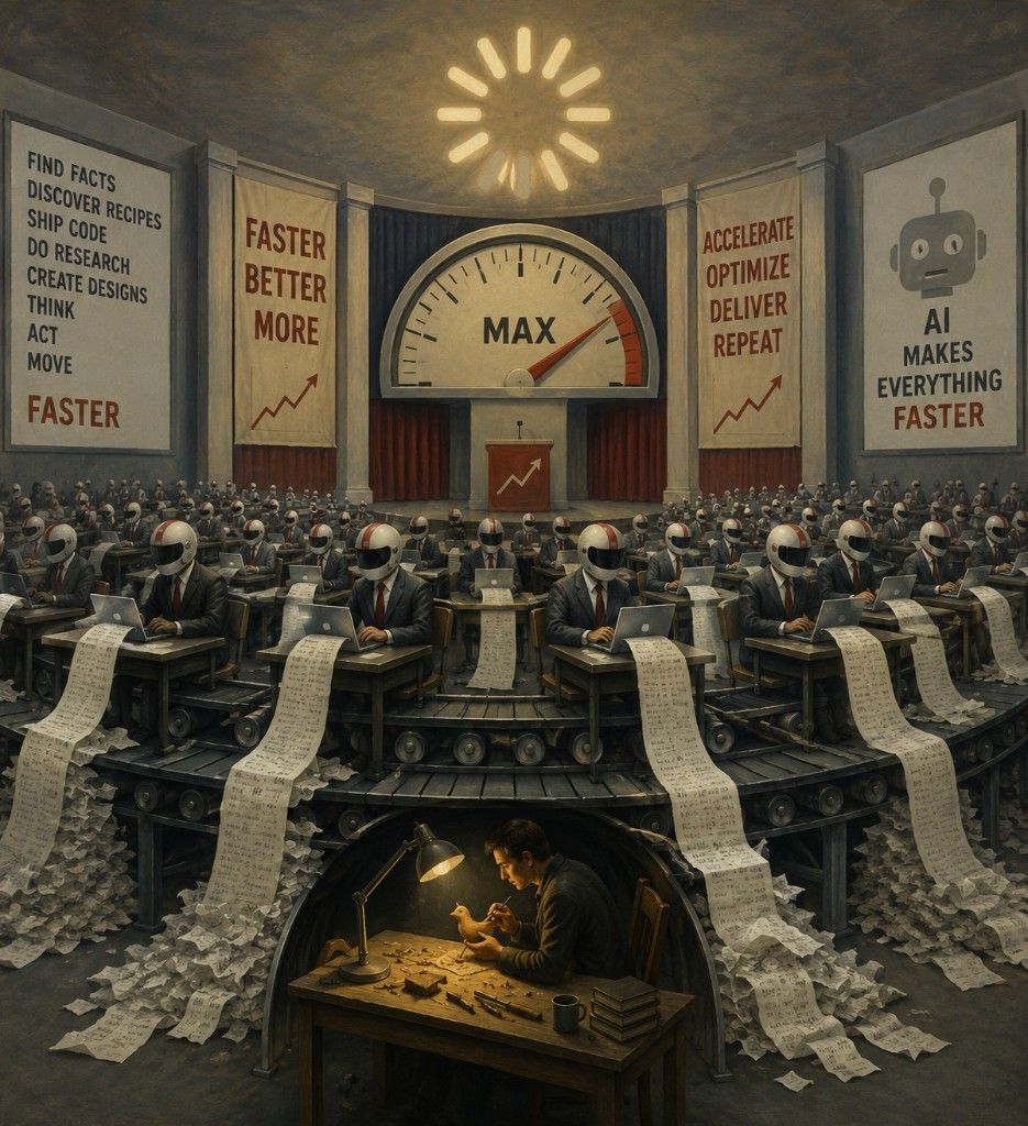 Satirical factory of helmeted workers typing at speed while an artisan carves a wooden bird below — speed versus craft.
