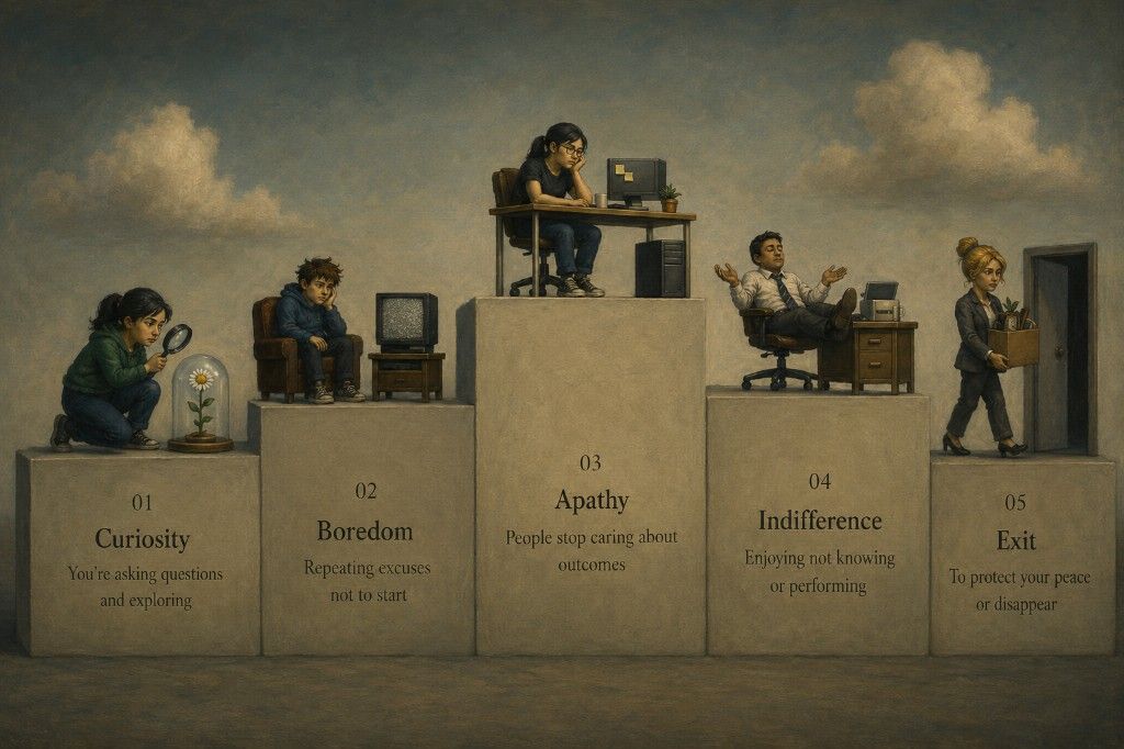 The Apathy Arch: five stages from curiosity through boredom, apathy, and indifference to exit.