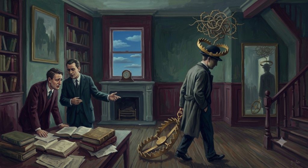 Surrealist painting: three men in a study, one walking into a bear trap with gears above his head, symbolizing conversational traps