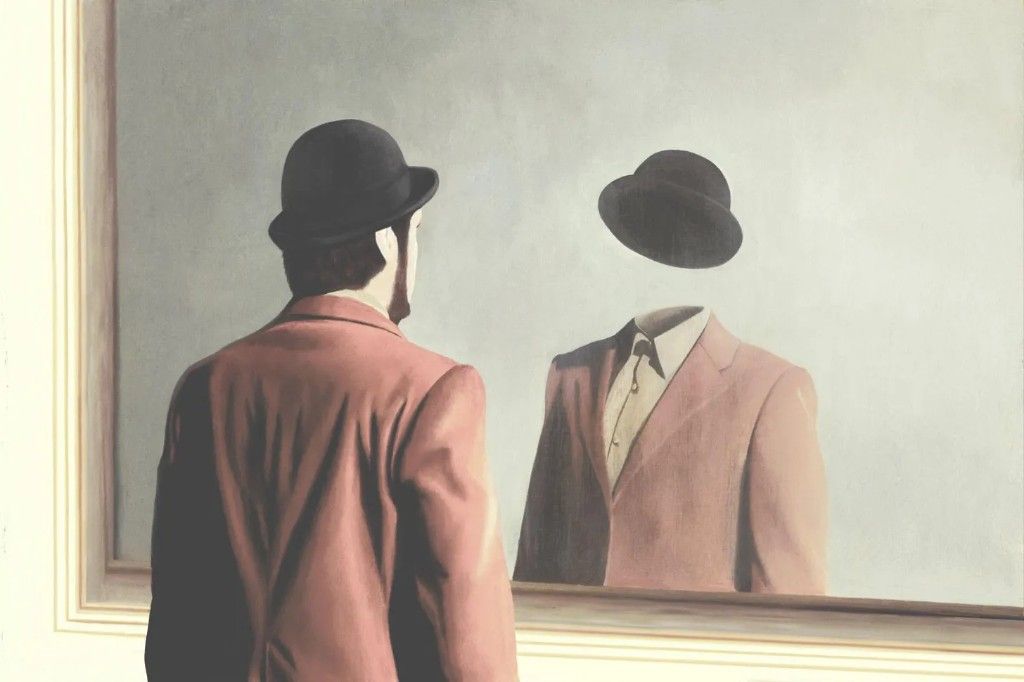Surrealist painting of a man before a mirror reflecting an empty suit — identity and the obvious truth we avoid naming.