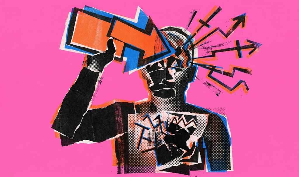 Stylized collage representing mental fortitude: figure with arrow through head and fragmented heart on magenta background.