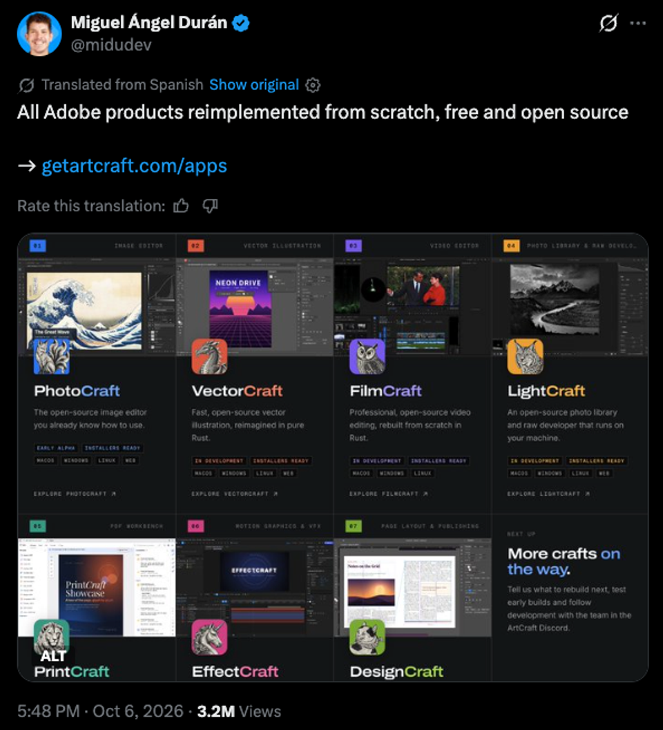 Post by Miguel Ángel Durán (@midudev) announcing all Adobe products reimplemented from scratch, free and open source, at getartcraft.com/apps
