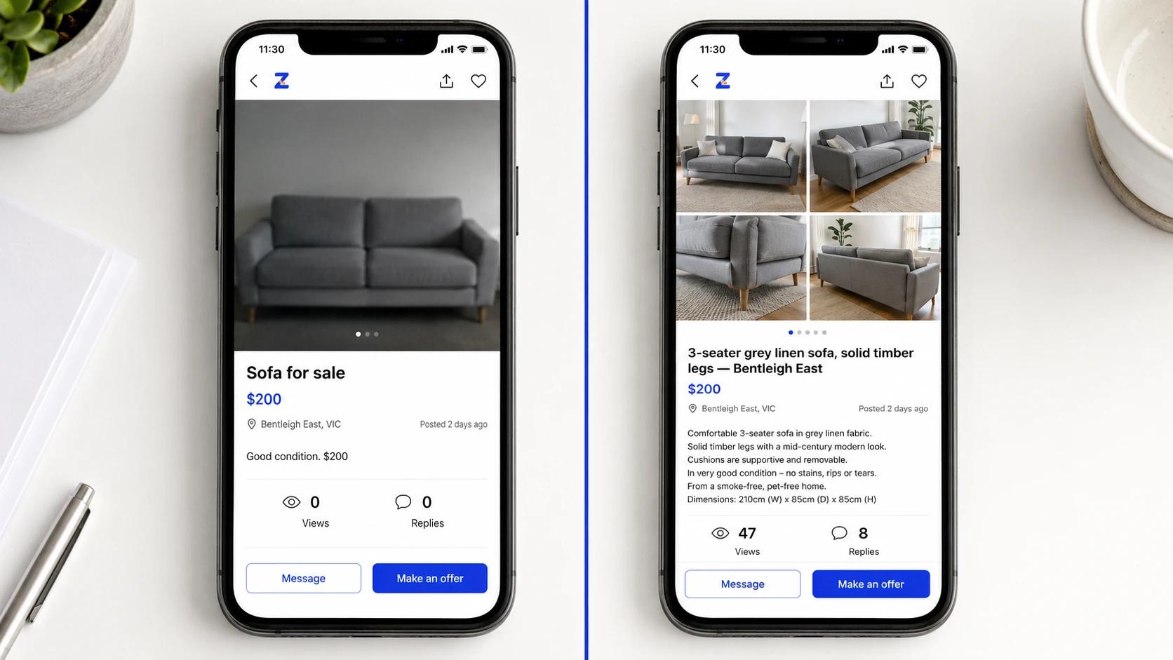 Two smartphone screens comparing a bad secondhand furniture listing with no replies versus a detailed listing with multiple enquiries — Melbourne furniture selling guide