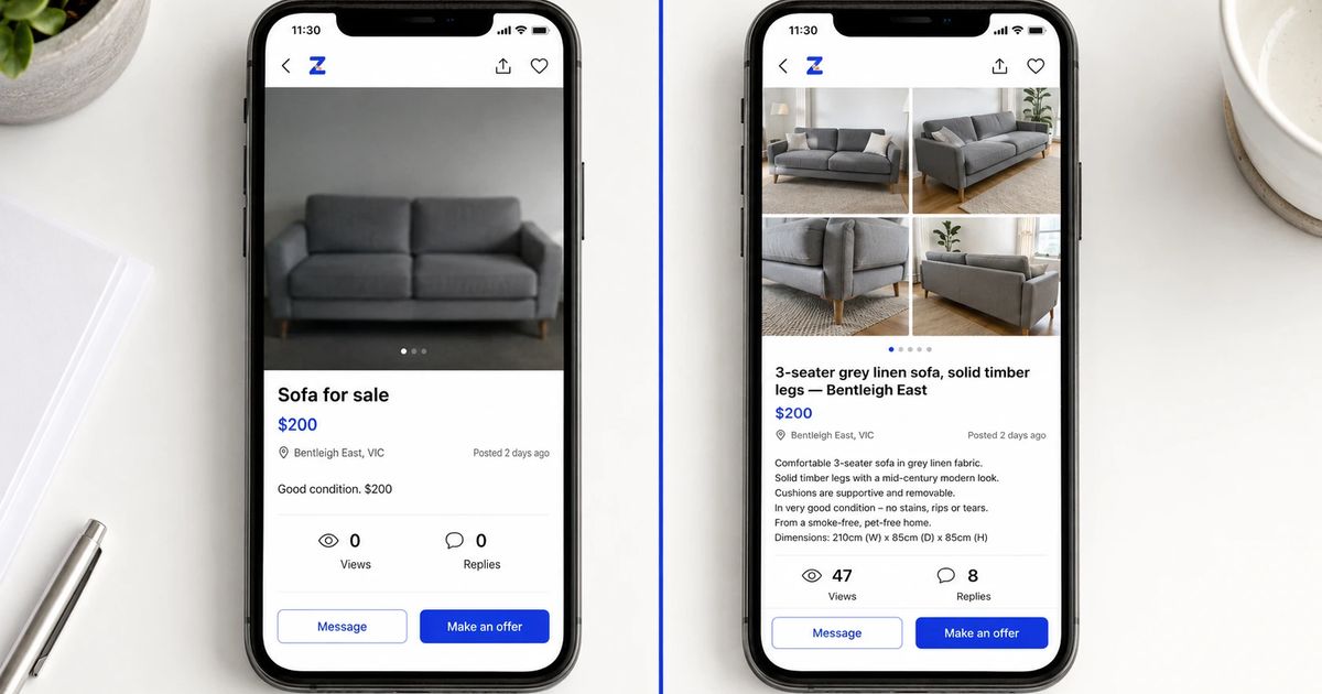 Two smartphone screens comparing a bad secondhand furniture listing with no replies versus a detailed listing with multiple enquiries — Melbourne furniture selling guide