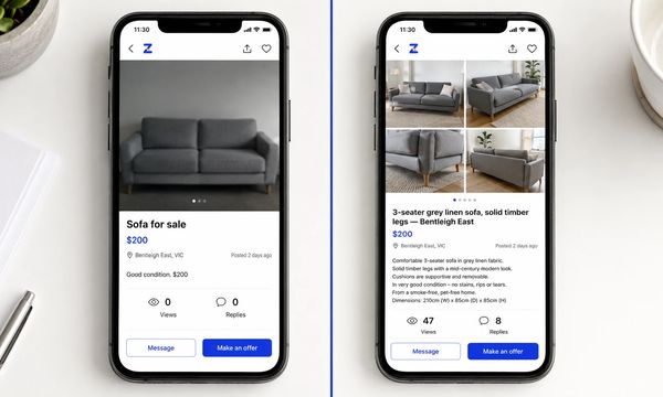 Two smartphone screens comparing a bad secondhand furniture listing with no replies versus a detailed listing with multiple enquiries — Melbourne furniture selling guide