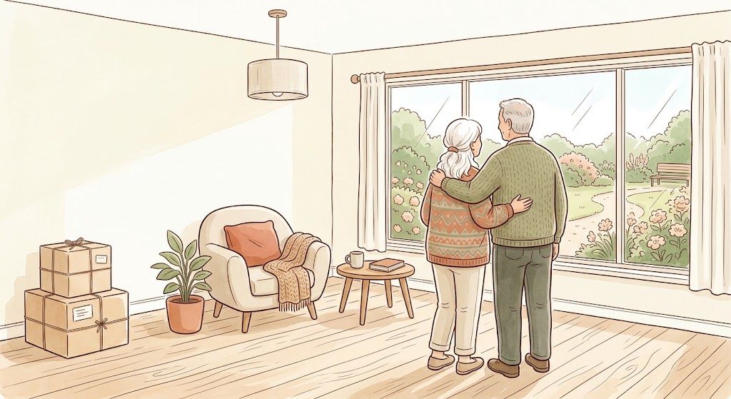 Older couple settling into a furnished retirement village unit in Melbourne after downsizing